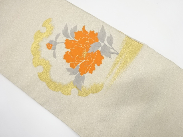 綴れ　雪輪に牡丹模様織り出し　名古屋帯